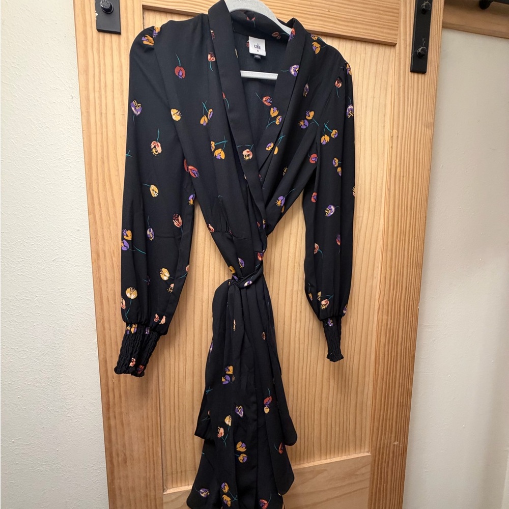 CAbi Black Long-Sleeve Floral Wrap Dress